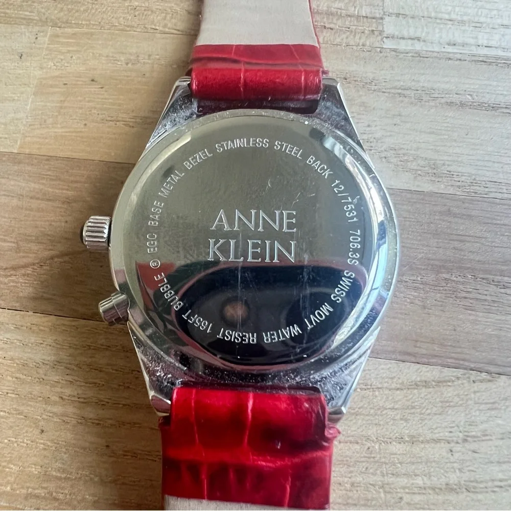 Anne Klein ladies diamond Swiss red leather sport watch NEW BATTERY